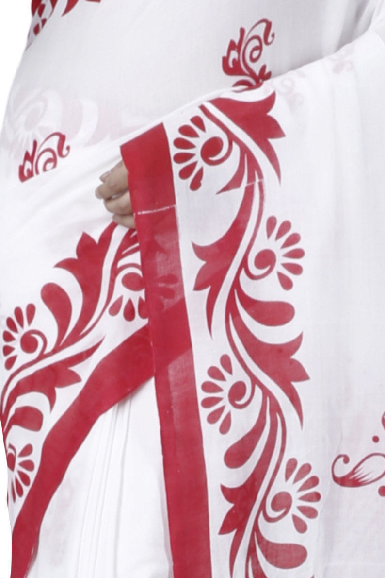 White Pure Cotton Teba Printed Handloom Saree (1261)